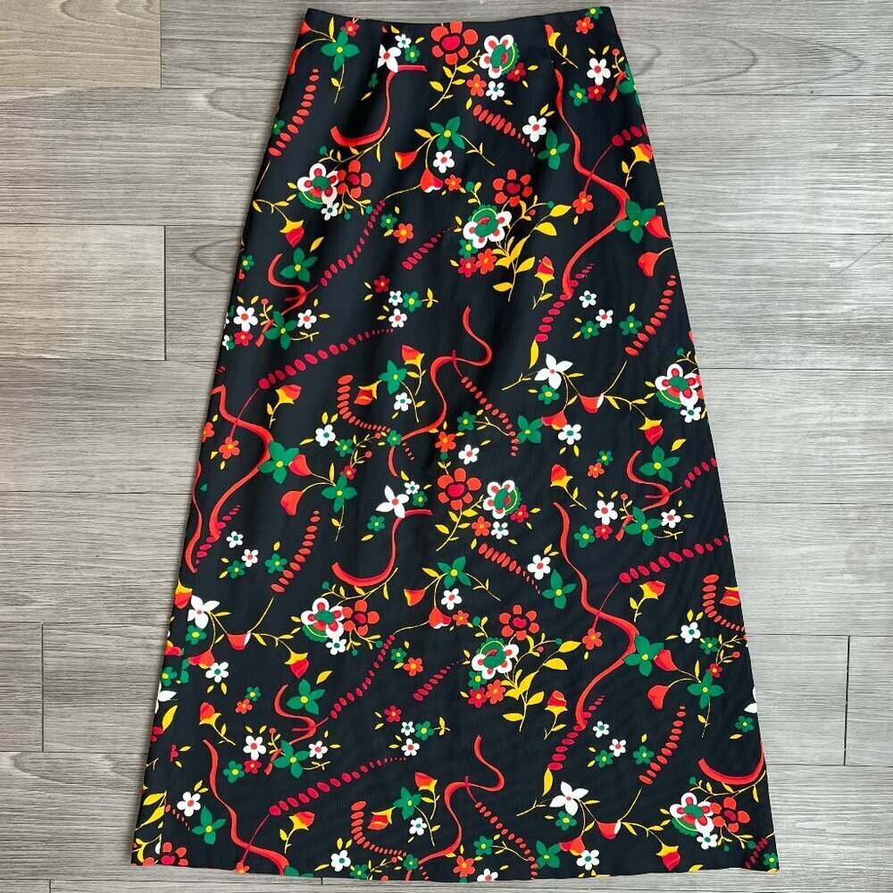 Vintage 70s Holiday A-Line Floral Print Black Maxi Skirt Groovy Unbranded Size X